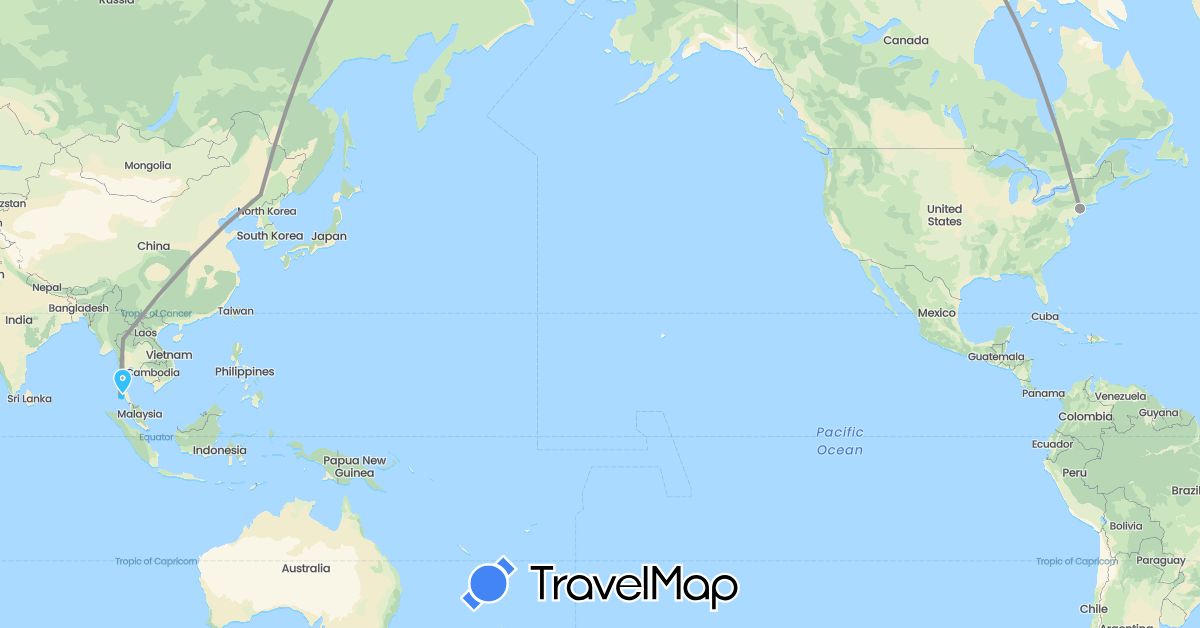 TravelMap itinerary: driving, plane, boat in Thailand, United States (Asia, North America)